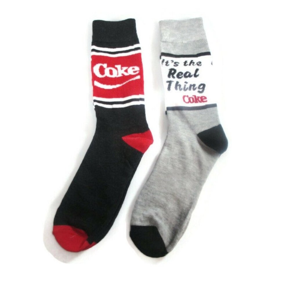 Coca-Cola 2-Pack of Crew Socks Grey Real Thing Black Coke Shoe Size 6.5-12